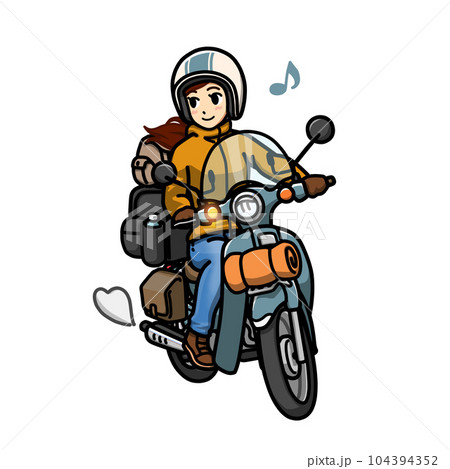 小型バイクで長距離ツーリングをしている女性のイラスト 104394352