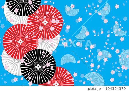 Illustration, Abstract umbrella with sakura flower and petal fall on blue background. 104394379