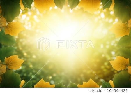 Empty space surrounded by beautiful leaves with an empty backdrop and beautiful lighting and bokeh. Green leaves frame. Illustration, Generative AI. 104394422