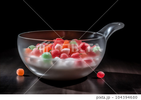 Molecular take on ceviche, with watermelon, coconut milk foam, and yuzu. AI generative 104394680