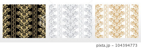 Wallpapers in the style of Baroque. Seamless vector backgrounds. Set of colored floral ornaments. Graphic patterns for fabric, wallpaper, packaging. Ornate Damask flower ornaments 104394773