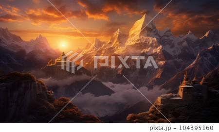 Everest and Tibetan temples. Generative AI 104395160