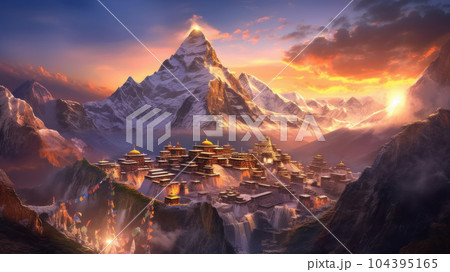 Everest and Tibetan temples. Generative AI 104395165