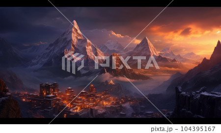 Everest and Tibetan temples. Generative AI 104395167
