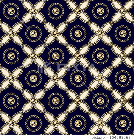 Diagonal luxury pattern with intertwined gold realistic chains, circles, beads. Tiled geometric seamless background. Classic elegance design. 104395362