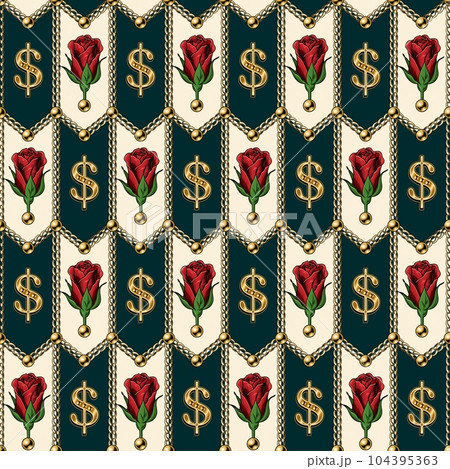 Chevron geometric pattern with gold realistic chains, dollar sign, red roses, beads. Tile staggered seamless background. Classic elegance design. 104395363