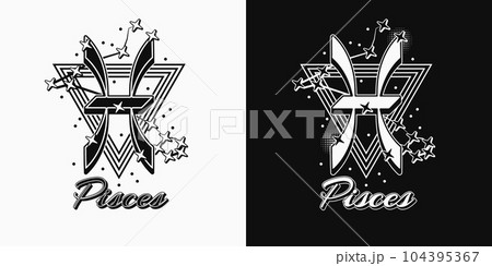 Black and white icon of zodiac sign Pisces with constellation with stars, text, triangle as alchemical symbol for water element. Horoscope esoteric elements. Vintage style. Black and white icon of zodiac sign Pisces with constellation with stars, text, triangle as alchemical symbol for water element. Horoscope esoteric elements. Vintage style. 104395367