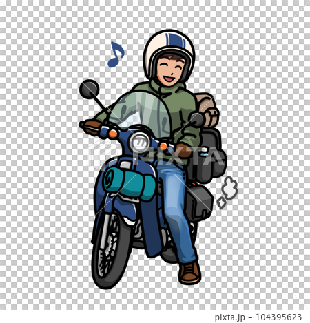 微笑男子跨騎小自行車插畫（長途旅行） 104395623