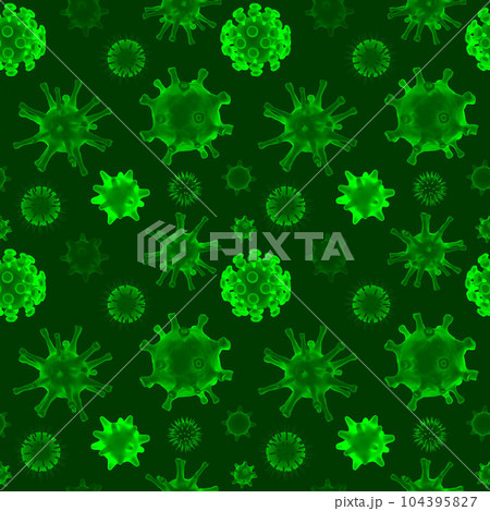Green seamless patern of Different kinds of pathogen viruses, coronavirus, herpes, 3d rendered 104395827
