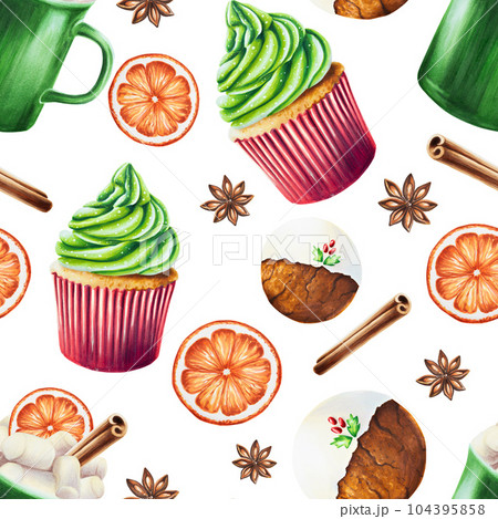 Watercolor Christmas seamless pattern with cup of hot drink, gingerbread cookie, cinnamon, anise and sweet muffin with cream. New year hand painting green mug isolated on white background. For Watercolor Christmas seamless pattern with cup of hot drink, gingerbread cookie, cinnamon, anise and sweet muffin with cream. New year hand painting green mug isolated on white background. For 104395858