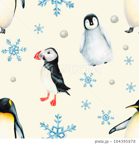 Watercolor winter seamless pattern with king penguins under snowflakes and puffin birds isolated. Hand painting realistic Arctic and Antarctic ocean mammals. For designers, decoration, postcards, 104395878