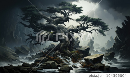 Generative ai illustration of Surreal majestic tree on top of a hill, detailed, path up the hill, vast landscape Generative ai illustration of Surreal majestic tree on top of a hill, detailed, path up the hill, vast landscape 104396004