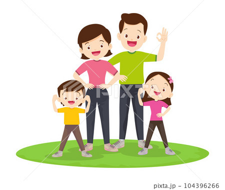 Happy Family Sport Activity. Mother, Father and Kid Doing Morning Exercising at Home 104396266