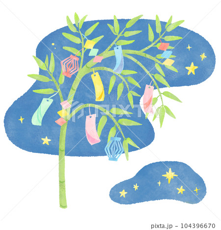 七夕飾りがついた笹と夜空に輝く星空、シンプルでかわいい手描きの水彩イラスト 104396670