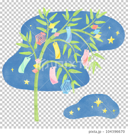 七夕飾りがついた笹と夜空に輝く星空、シンプルでかわいい手描きの水彩イラスト 104396670