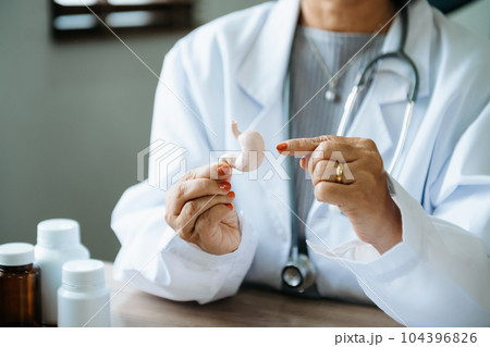 Female doctor holding Intestine in hand on right side.Healthcare hospital service concept stock photo. Female doctor holding Intestine in hand on right side.Healthcare hospital service concept stock photo. 104396826