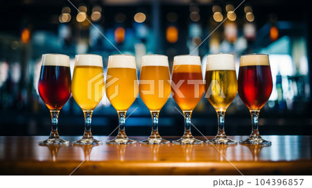 Glasses with different types of beer on bar counter, closeup, Stylish beer glasses full of beer on the bar stand, AI Generated 104396857