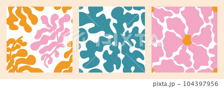 Matisse Aesthetic Naive Pattern Set. Abstract Groovy Flowers and Leaves in Hippie 1970 style. Vector Illustration in Pink, Green and Orange Colors. Backgrounds for T-Shirts, Wallpaper, Case Phone. Matisse Aesthetic Naive Pattern Set. Abstract Groovy Flowers and Leaves in Hippie 1970 style. Vector Illustration in Pink, Green and Orange Colors. Backgrounds for T-Shirts, Wallpaper, Case Phone. 104397956