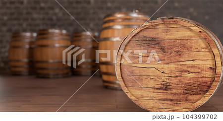 Wooden barrels in cellar backgound, empty space on barrel for advertising. Old Wooden barrels with wine in wine vault. copy space. 104399702