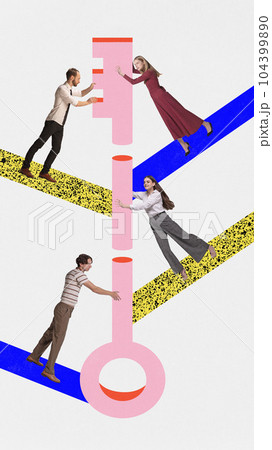 Key to success. Contemporary art collage. Young business office clerks and huge drawn key. Concept of teamwork, achievement, goals, career Key to success. Contemporary art collage. Young business office clerks and huge drawn key. Concept of teamwork, achievement, goals, career 104399890