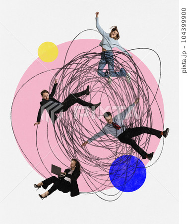 Contemporary art collage with business people flying, levitating over colorful background with geometric shapes. Concept of teamwork, success, goals, career Contemporary art collage with business people flying, levitating over colorful background with geometric shapes. Concept of teamwork, success, goals, career 104399900