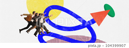 Active motivated men and women running towards the target. Contemporary art collage. Concept of teamwork, success, goals, career 104399907