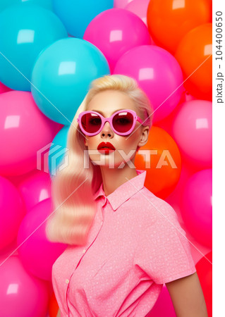 A woman wearing sunglasses standing in front of a wall photo