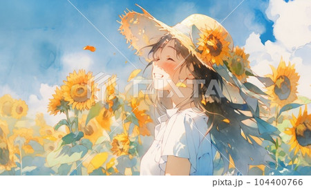 ヒマワリ畑でほほ笑む少女_3　Generative AI 104400766