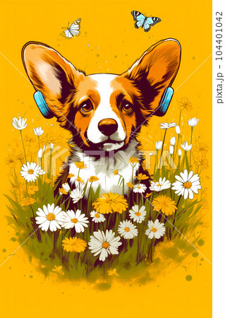 Dog with headphones sitting in field of daisies and daisies. Generative AI Dog with headphones sitting in field of daisies and daisies. Generative AI 104401042