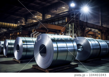Rolls of steel in factory with bright light shining on the background. Generative AI 104401043