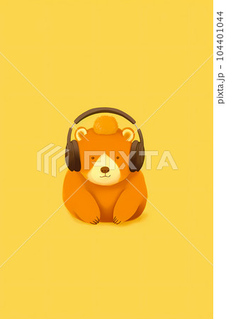 Bear with headphones sitting on yellow background with yellow background. Generative AI Bear with headphones sitting on yellow background with yellow background. Generative AI 104401044