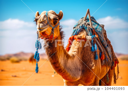 Close up of camel with sky in the backgroud. Generative AI 104401093