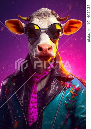 Cow wearing sunglasses and leather jacket with scarf around its neck. Generative AI 104401138