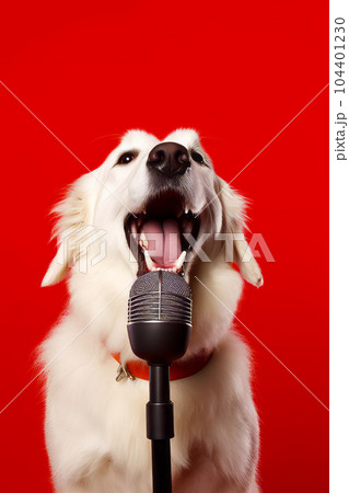 Dog with its mouth open and microphone in front of its face. Generative AI 104401230