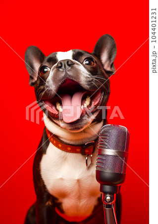 Dog with its mouth open and microphone in front of his face. Generative AI Dog with its mouth open and microphone in front of his face. Generative AI 104401231