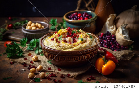 Bowl filled with hummus and garnished with cranberries. Generative AI 104401787