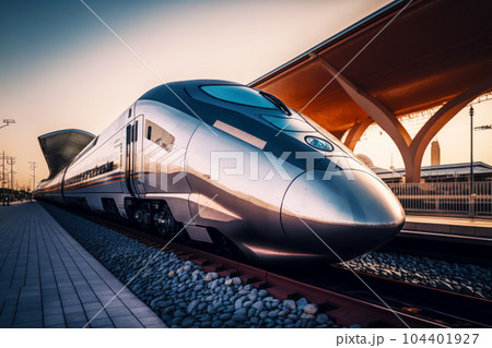 Silver train traveling down train tracks next to train station with covered platform. Generative AI 104401927