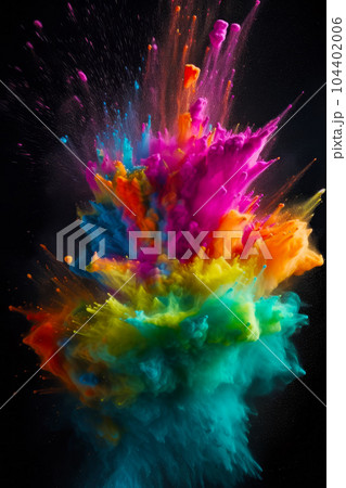 Multicolored explosion of colored powder on black background with space for text. Generative AI 104402006