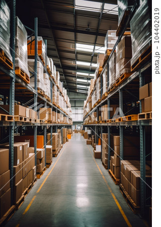 Large warehouse filled with lots of boxes and boxes on the shelfs. Generative AI Large warehouse filled with lots of boxes and boxes on the shelfs. Generative AI 104402019