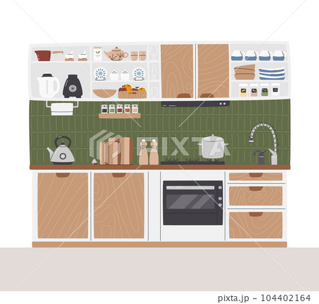 Mid century kitchen set with different kitchenware 104402164