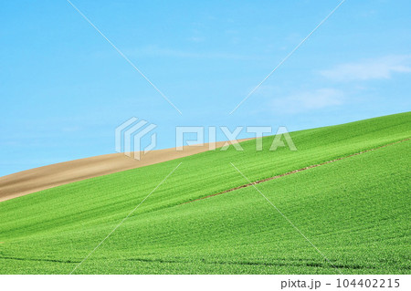 爽やかな青空が広がる北海道美瑛町のシンプルな風景 104402215