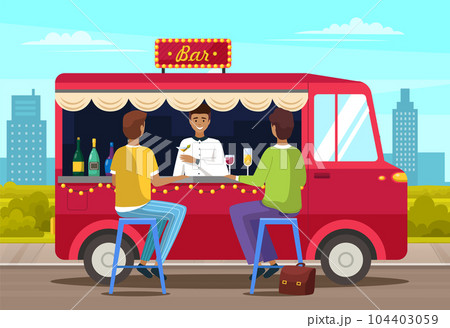 Truck with bartender making alcohol drink for people. Street food van, mobile shop, cafe on wheels 104403059