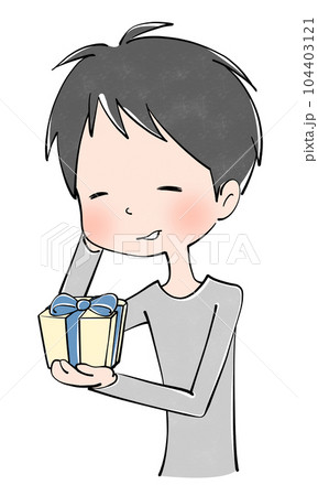 プレゼントを持ちながら照れる男性のイラスト 104403121