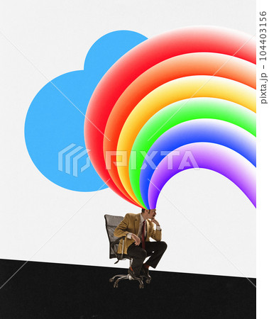 Thoughtful man sitting on chair and dreaming. Contemporary art collage with 3D elements. Concept of business, personal career, ad, sales, achievement 104403156