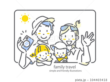 電車の窓から手を振る家族　4人家族　ポップでお洒落な線画イラスト 104403418