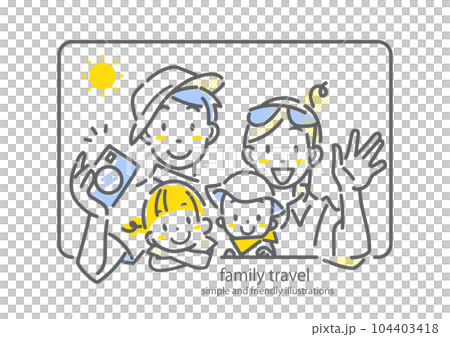 A family waving from the train window, a family of four, a pop and stylish line drawing illustration 104403418