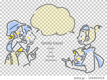 Summer vacation family trip family of 4 pop and stylish line drawing illustration 104403419