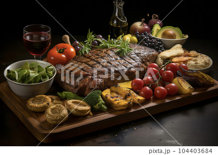 Argentine Asado - sizzling grilled meat arranged on a rustic wooden platter with charred vegetables and fresh herbs 104403684