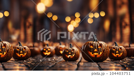 Halloween carved pumpkin head jack lantern with burning candles and colorful bokeh background, Jack O lanterns in spooky room on wooden shelf copy space Halloween carved pumpkin head jack lantern with burning candles and colorful bokeh background, Jack O lanterns in spooky room on wooden shelf copy space 104403751
