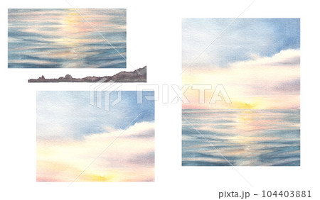 Watercolor landscape illustration Set Hand drawn background sunset on the sea 104403881